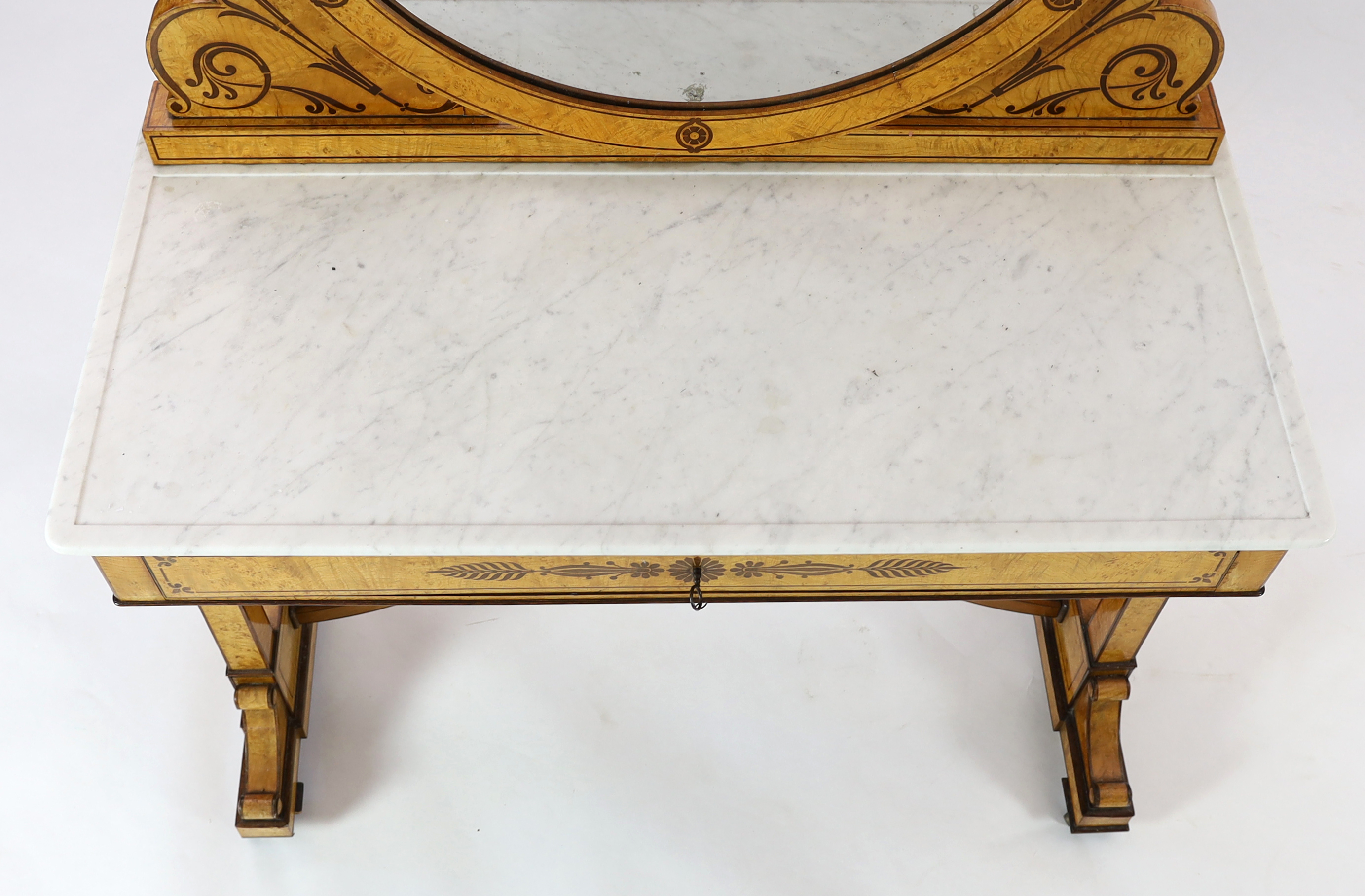 A Victorian Grecian Revival marquetry inlaid pollard oak dressing table, 11cm wide, 53cm deep, 181cm high